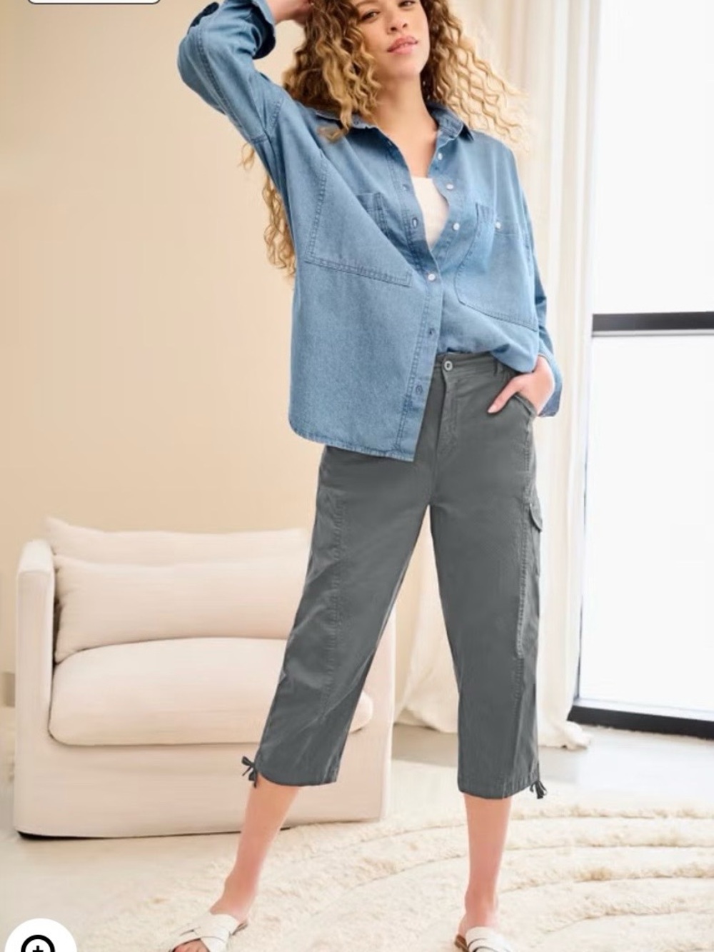 Grey Mid-Rise Stretch Cotton Cargo Capris